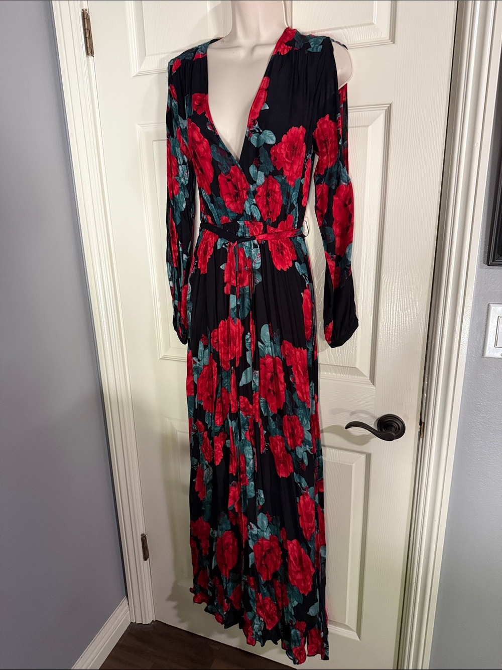 Lulu's Black Maxi Wrap Dress with Red Rose Print and Teal Leaves